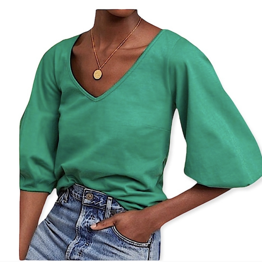 Anthropologie Green Balloon Sleeve V-Neck Top S